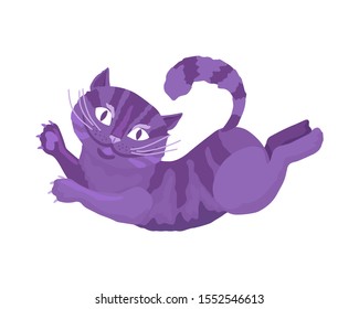 Violet cat or kitten jumping and playing. Cartoon fairy tail animal character. Hand drawn vector. Isolated on white background. Flat style illustration