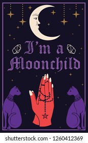 Violet Cats and the Moon. Praying hands holding a rosary. I am a Moonchild text. Can use for t-shirt, textiles and print design. Vector illustration.