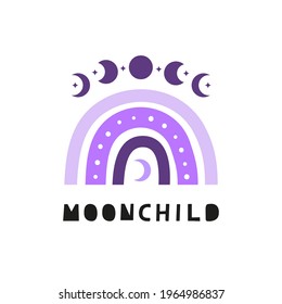 Violet celestial boho rainbow with lettering moonchild and moon phases, dots, crescent isolated on white background. Bohemian baby poster.