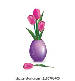 Violet ceramic vase with a bouquet of three pink tulips and one flower nearby. Vector illustration for project of interior design, flower shop advertising banner, greeting card, other.