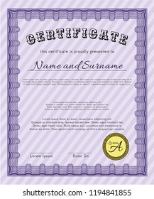 Violet Certificate of achievement. With background. Good design. Vector illustration. 