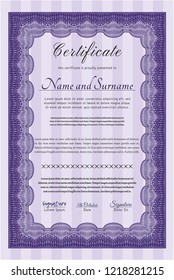 Violet Certificate of achievement. With complex background. Lovely design. Vector illustration. 