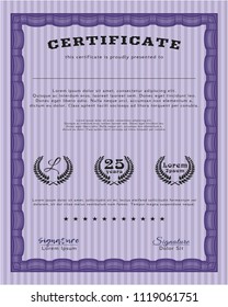 Violet Certificate of achievement. With complex linear background. Vector illustration. Money Pattern design. 