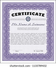 Violet Certificate of achievement. Customizable, Easy to edit and change colors. With guilloche pattern and background. Money Pattern. 