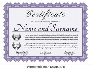 Violet Certificate of achievement. Detailed. Printer friendly. Retro design. 