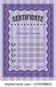 Violet Certificate of achievement. Elegant design. Vector illustration. With complex linear background. 