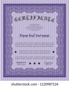 Violet Certificate of achievement. With great quality guilloche pattern. Money design. Detailed. 