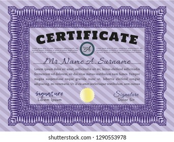 Violet Certificate of achievement. With guilloche pattern and background. Money design. Customizable, Easy to edit and change colors. 