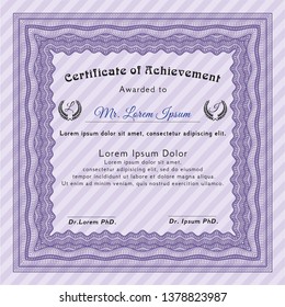 Violet Certificate of achievement. With linear background. Sophisticated design. Vector illustration. 