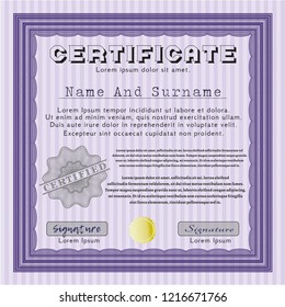 Violet Certificate of achievement. Money design. Customizable, Easy to edit and change colors. With guilloche pattern and background. 
