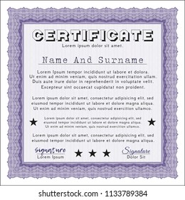 Violet Certificate of achievement. Money Pattern. Complex background. Vector illustration. 