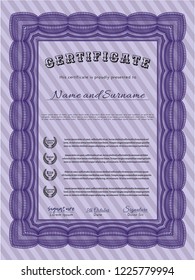 Violet Certificate of achievement. Money Pattern design. With guilloche pattern and background. Detailed. 
