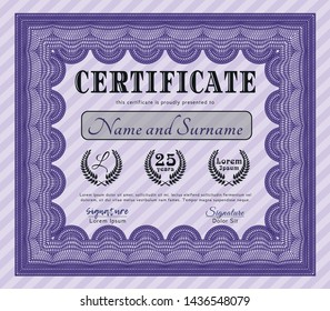 Violet Certificate of achievement. Money style design. With linear background. Vector illustration. 
