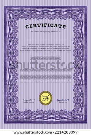 Violet Certificate of achievement.  Perfect design.  With guilloche pattern.  Customizable, Easy to edit and change colors. 
