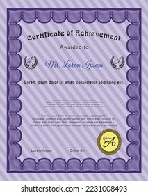 Violet Certificate of achievement template.  Artistry design.  With complex background.  Detailed. 