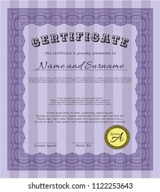 Violet Certificate of achievement template. With background. Detailed. Artistry design. 