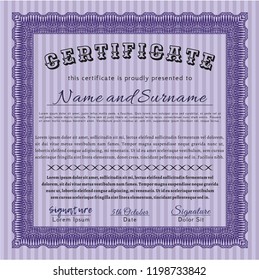 Violet Certificate of achievement template. With background. Detailed. Money Pattern. 