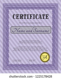 Violet Certificate of achievement template. With background. Cordial design. Detailed. 