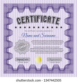 Violet Certificate of achievement template. With background. Vector illustration. Modern design. 