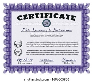 Violet Certificate of achievement template. With background. Money Pattern design. Customizable, Easy to edit and change colors. 