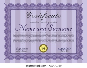 Violet Certificate of achievement template. With background. Superior design. Customizable, Easy to edit and change colors. 