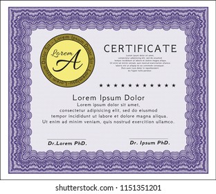 Violet Certificate of achievement template. With complex background. Vector illustration. Money Pattern. 