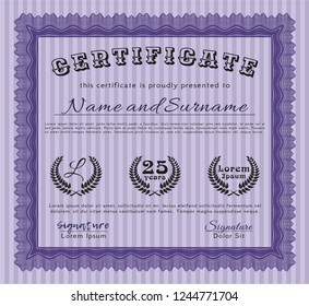 Violet Certificate of achievement template. Complex background. Vector illustration. Sophisticated design. 