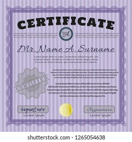 Violet Certificate of achievement template. With complex background. Vector illustration. Elegant design. 