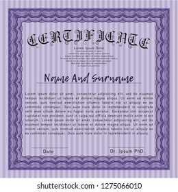 Violet Certificate of achievement template. With complex linear background. Money design. Vector illustration. 