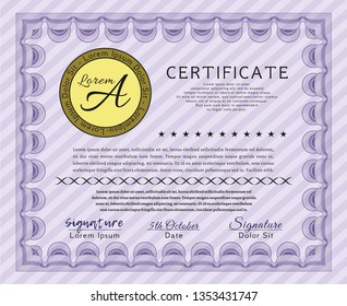 Violet Certificate of achievement template. With complex linear background. Elegant design. Detailed. 