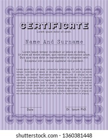 Violet Certificate of achievement template. With complex linear background. Superior design. Detailed. 