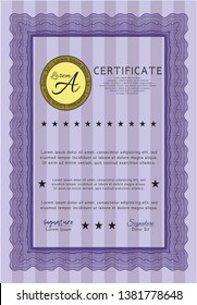 Violet Certificate of achievement template. Complex background. Lovely design. Detailed. 