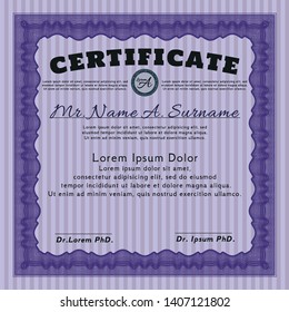 Violet Certificate of achievement template. Complex background. Detailed. Cordial design. 
