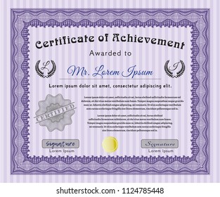 Violet Certificate of achievement template. Cordial design. With guilloche pattern and background. Vector illustration. 