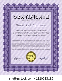 Violet Certificate of achievement template. Detailed. With background. Money Pattern. 