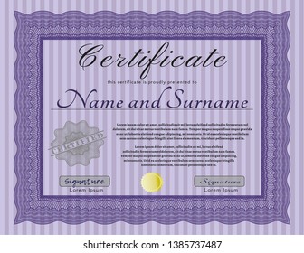 Violet Certificate of achievement template. Detailed. With guilloche pattern and background. Money Pattern design. 