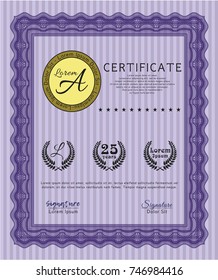 Violet Certificate of achievement template. Detailed. With great quality guilloche pattern. Elegant design. 