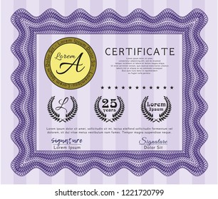 Violet Certificate of achievement template. Easy to print. Vector illustration. Cordial design. 