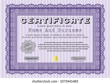 Violet Certificate of achievement template. Elegant design. Printer friendly. Vector illustration. 