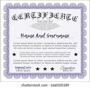 Violet Certificate of achievement template. Excellent design. Vector illustration. With great quality guilloche pattern. 