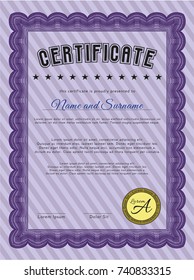 Violet Certificate of achievement template. Excellent design. With complex linear background. Detailed. 