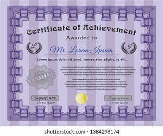 Violet Certificate of achievement template. Good design. Printer friendly. Detailed. 