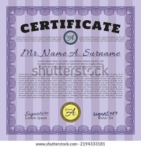 Violet Certificate of achievement template.  Good design.  With complex linear background.  Customizable, Easy to edit and change colors. 