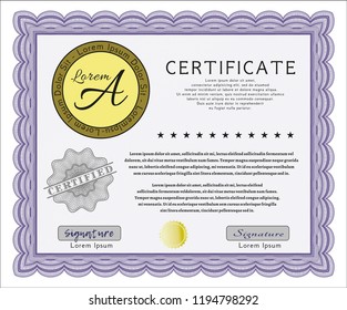 Violet Certificate of achievement template. With great quality guilloche pattern. Customizable, Easy to edit and change colors. Money style design. 