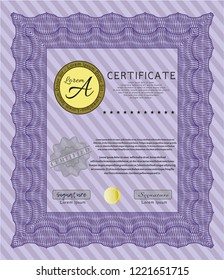 Violet Certificate of achievement template. With great quality guilloche pattern. Perfect design. Detailed. 