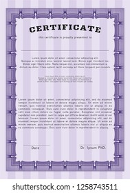 Violet Certificate of achievement template. With great quality guilloche pattern. Vector illustration. Superior design. 