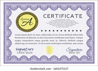Violet Certificate of achievement template. With great quality guilloche pattern. Beauty design. Detailed. 