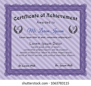 Violet Certificate of achievement template. With guilloche pattern and background. Detailed. Cordial design. 