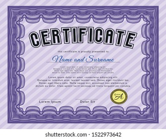 Violet Certificate of achievement template. With guilloche pattern. Customizable, Easy to edit and change colors. Artistry design. 