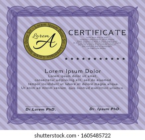 Violet Certificate of achievement template. With guilloche pattern. Customizable, Easy to edit and change colors. Retro design. 